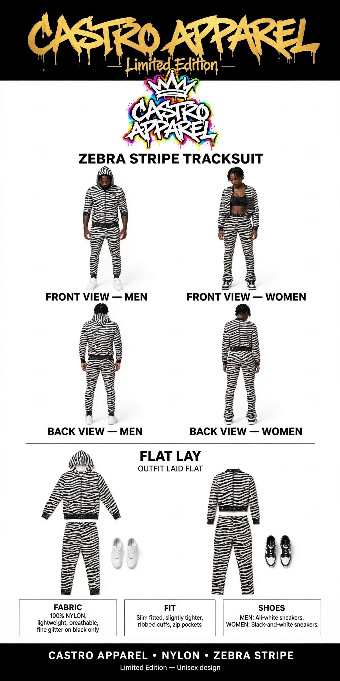 Zebra-stripe Limited Edition tracksuit sheet: man and woman side by side in black-and-white zebra tracksuits, gold Limited Edition header, woman's jacket open over a sports bra in front and zipped closed in back, both outfits laid flat below