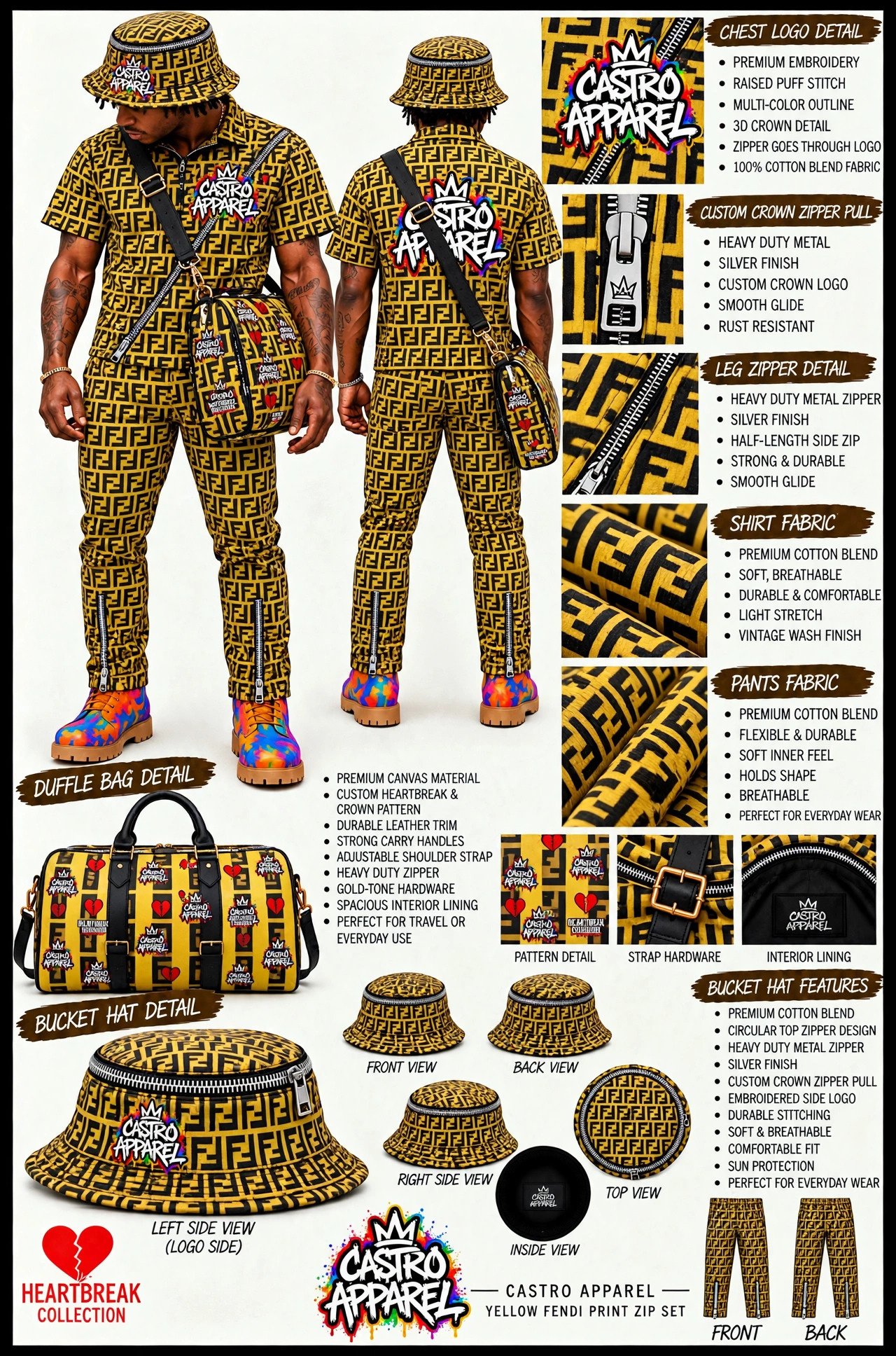 Yellow FF-print Hartbreak zip set design sheet: front and back views in yellow with a black FF monogram print, chest logo and zipper close-ups, matching yellow duffle bag and bucket hat, Hartbreak Collection emblem at the foot of the sheet