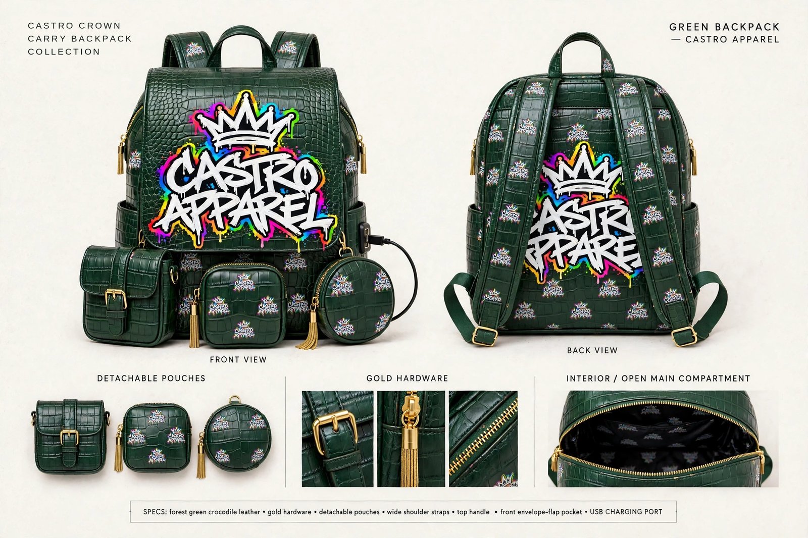 Green crocodile-embossed Castro Crown Carry backpack design sheet: front view with the big Castro Apparel crown logo and small logos all over, back view with the shoulder straps crossing over the big logo, detachable pouches, open interior, and panels for materials, features and specifications including the side USB charging port