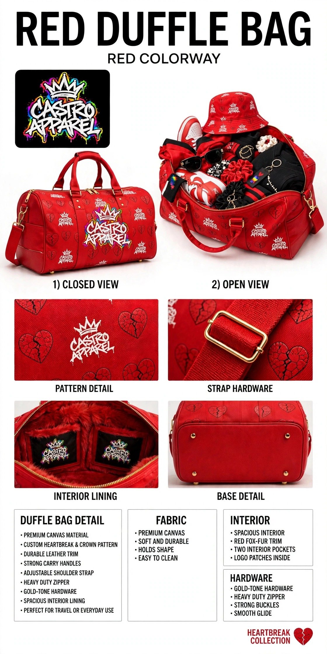 Red Hartbreak duffle bag sheet: red duffle closed and open views, straight rainbow Castro Apparel logo centered in the clean middle panel of the closed bag, with detail close-ups and spec panels for fabric, hardware, strap, interior and base