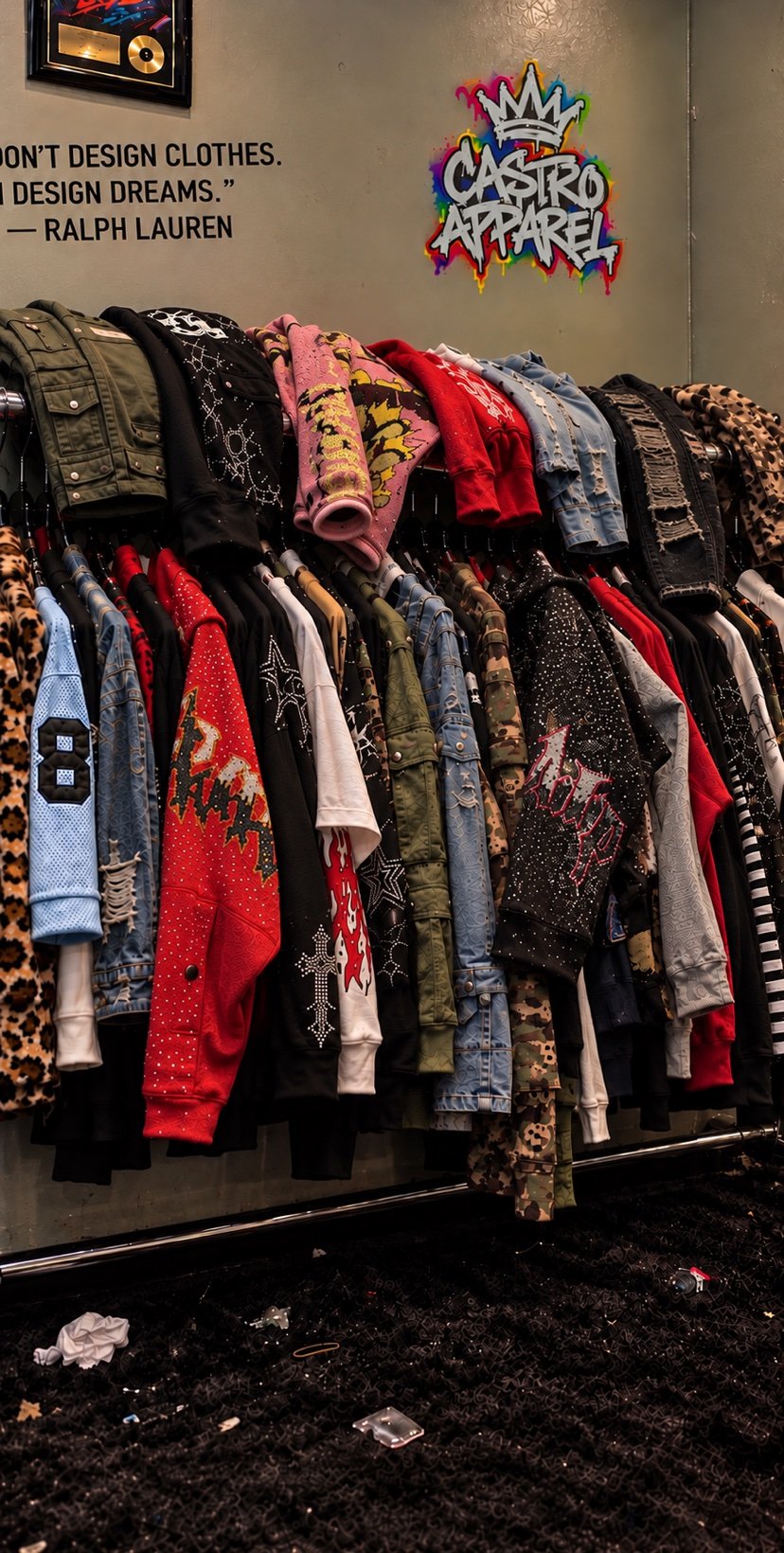 Castro&rsquo;s Closet photograph: a clothing rack packed with Castro Apparel pieces in the studio &mdash; jackets, denim, leopard print and embellished sets &mdash; with a Ralph Lauren quote and the Castro Apparel graffiti logo with a crown painted on the wall above the rack