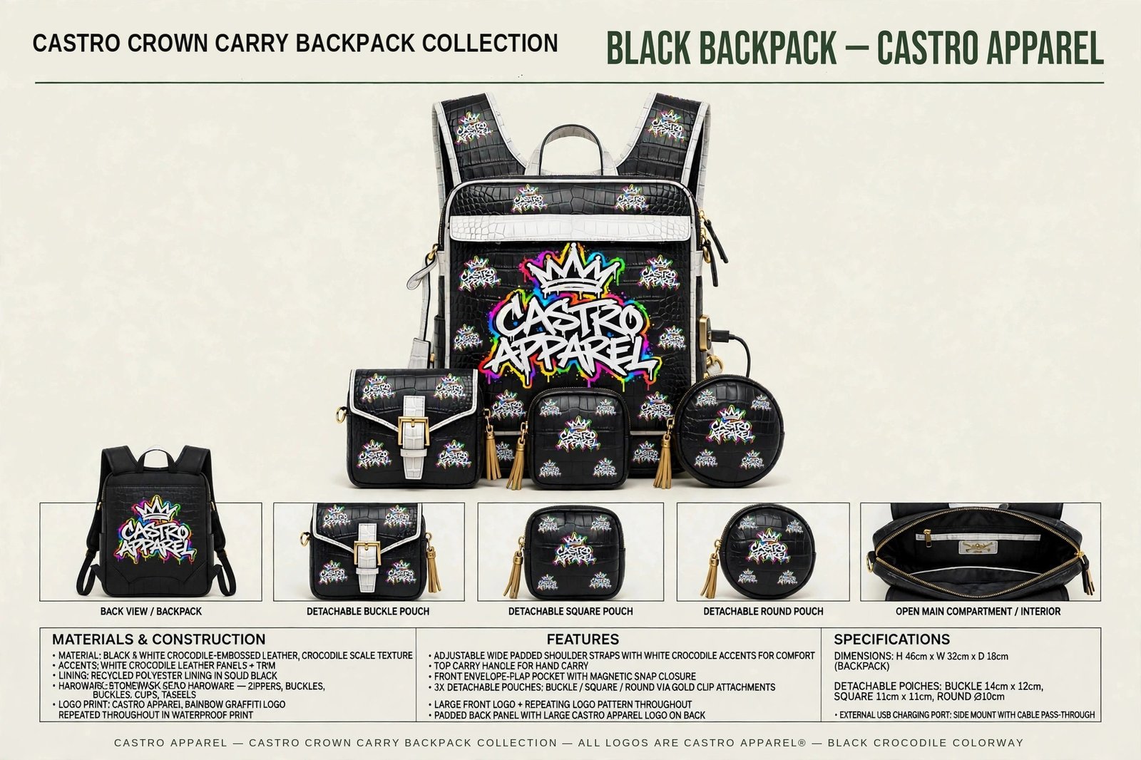 Black crocodile-embossed Castro Crown Carry backpack design sheet: front view with the big rainbow Castro Apparel crown logo and small logos all over, back view, detachable buckle, square and round pouches, open interior, and panels for materials, features and specifications including the side USB charging port