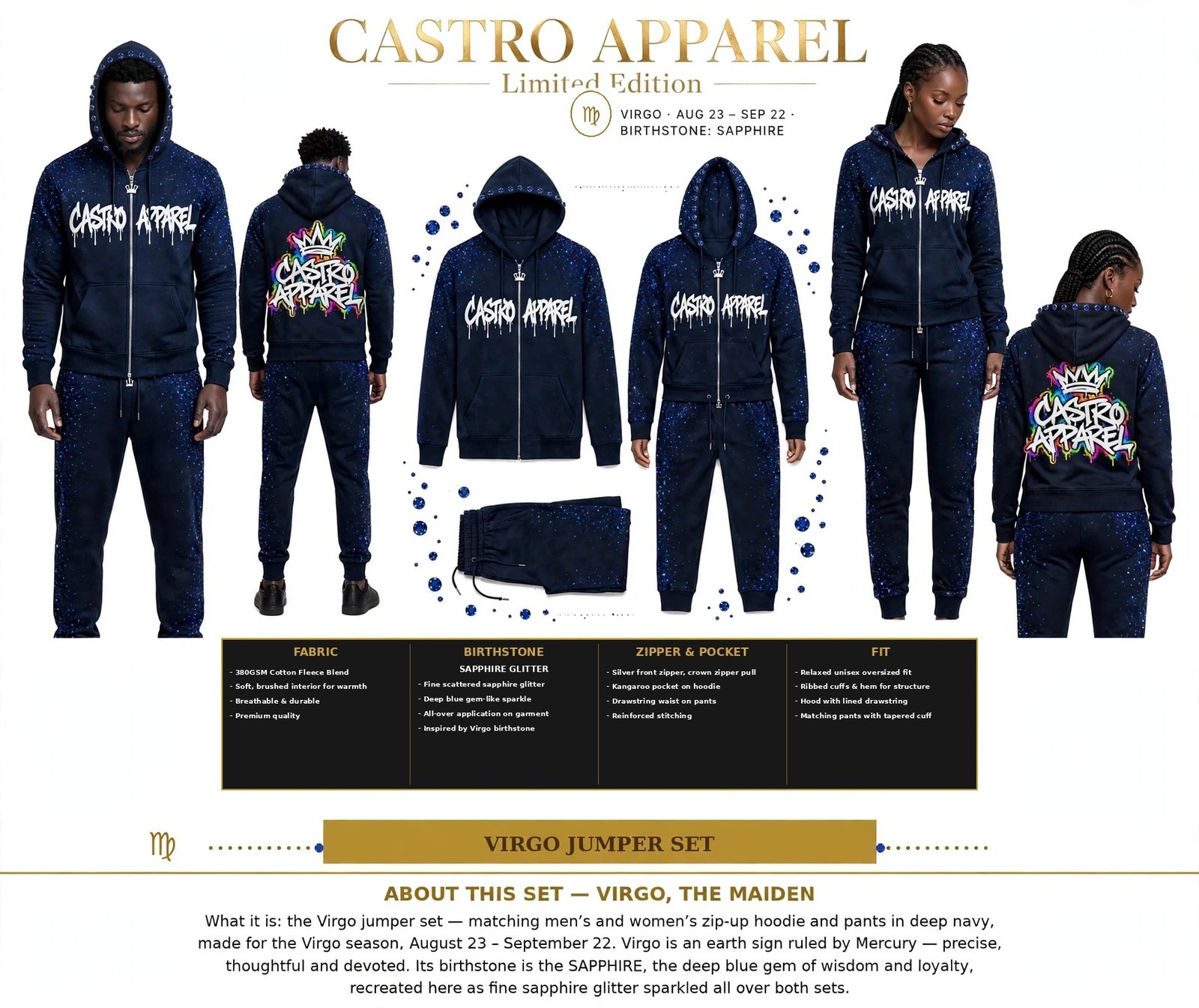 Virgo Julez Collection zodiac jumper set design sheet: man and woman in navy zip-up hoodies and matching pants with sapphire stones set along the edge of the hoods, front and back views, flat-lay, and panels for fabric, birthstone, zipper and pocket, and fit