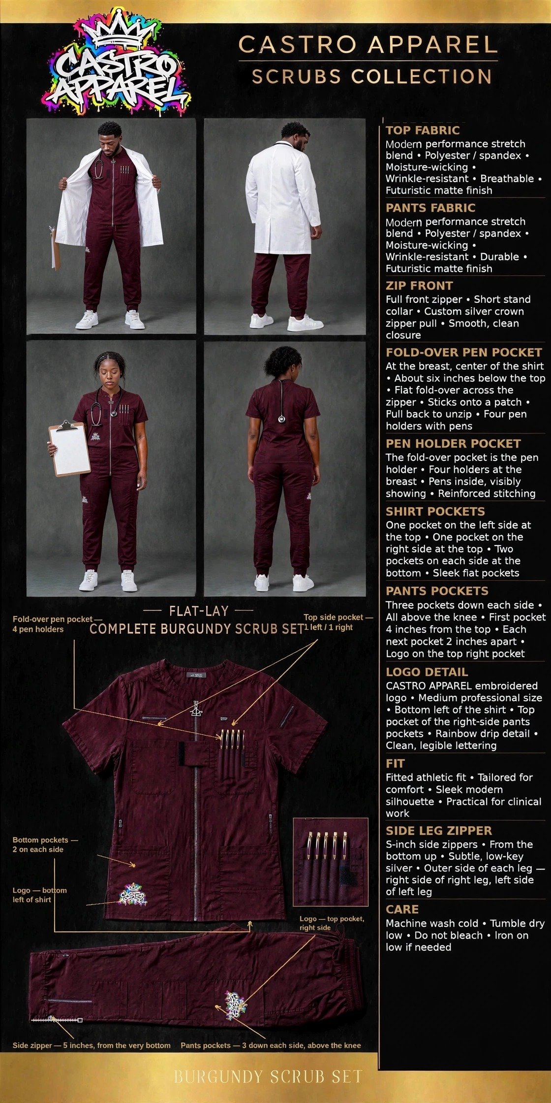 Burgundy Castro Care Scrubs Collection design sheet: men and women in burgundy zip-front scrub sets with a fold-over pen pocket with 4 pen holders, side leg zippers and Castro Apparel logos, with front and back views and an annotated flat-lay