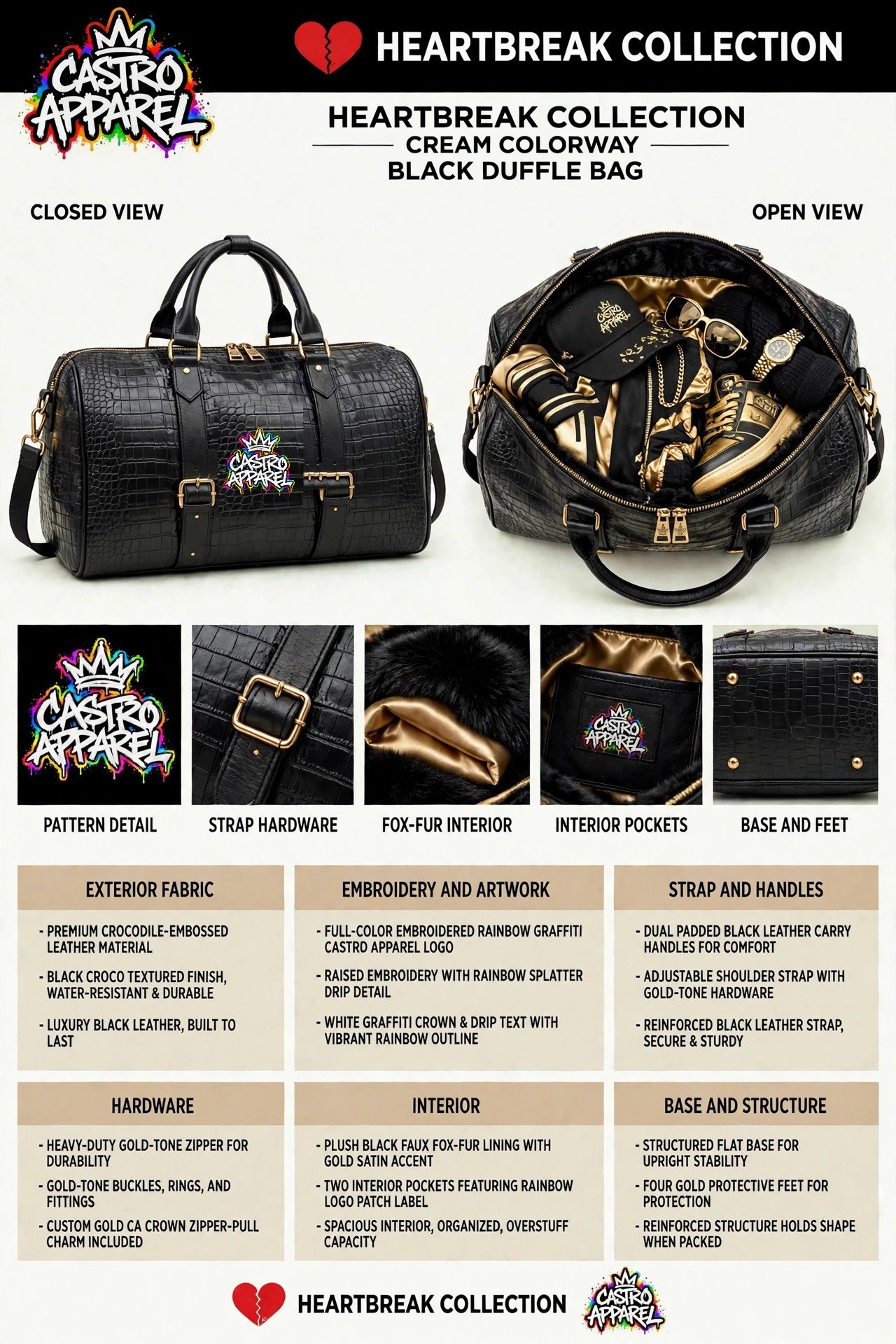 Black Hartbreak duffle bag sheet: black crocodile-embossed leather duffle closed and open overstuffed, rainbow Castro Apparel logo straight and centered in the clean middle panel, gold-tone hardware, fox-fur and gold satin interior panels