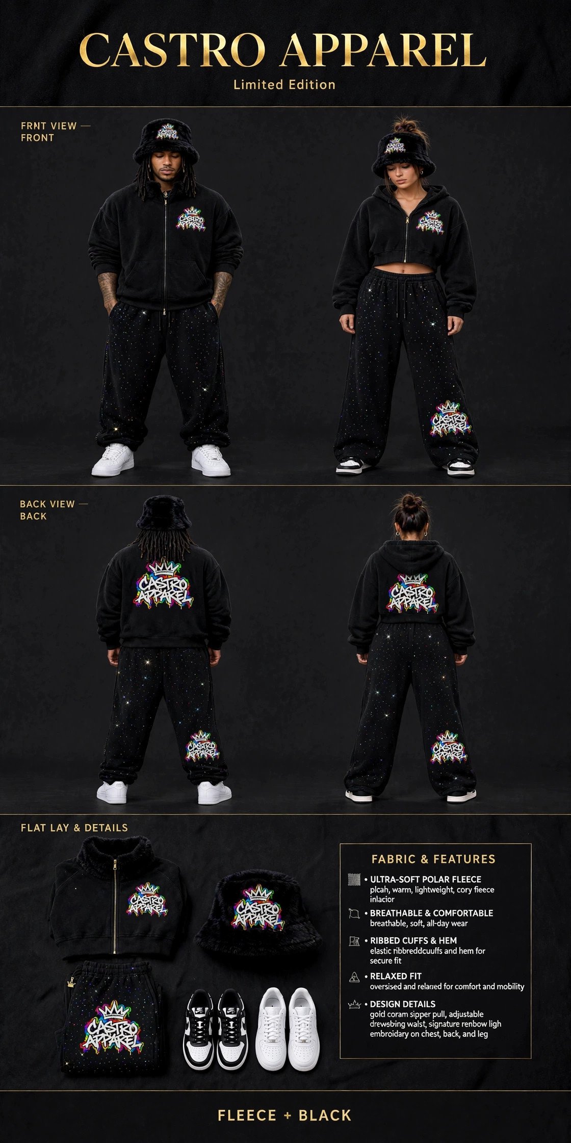 Black Soft Life fleece sheet: man and woman side by side in black fleece sets with glitter-speckled pants, matching black furry hats and rainbow Castro Apparel logos, front and back views, flat-lay with the hat and shoes, and a fabric and features panel
