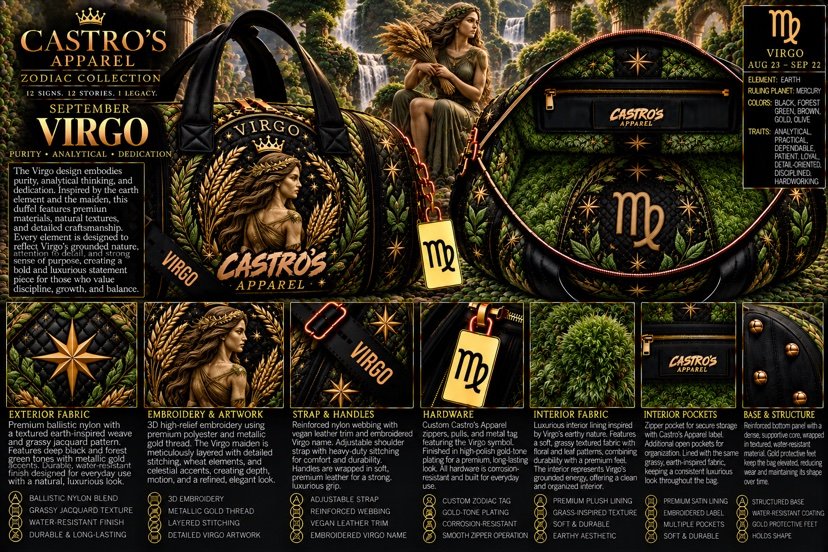 Virgo zodiac duffle sheet: the maiden with wheat and laurel in gold thread on black and forest green earth-inspired pattern, gold Virgo symbol tag, and detail panels for fabric, embroidery, strap, hardware, interior fabric and pockets