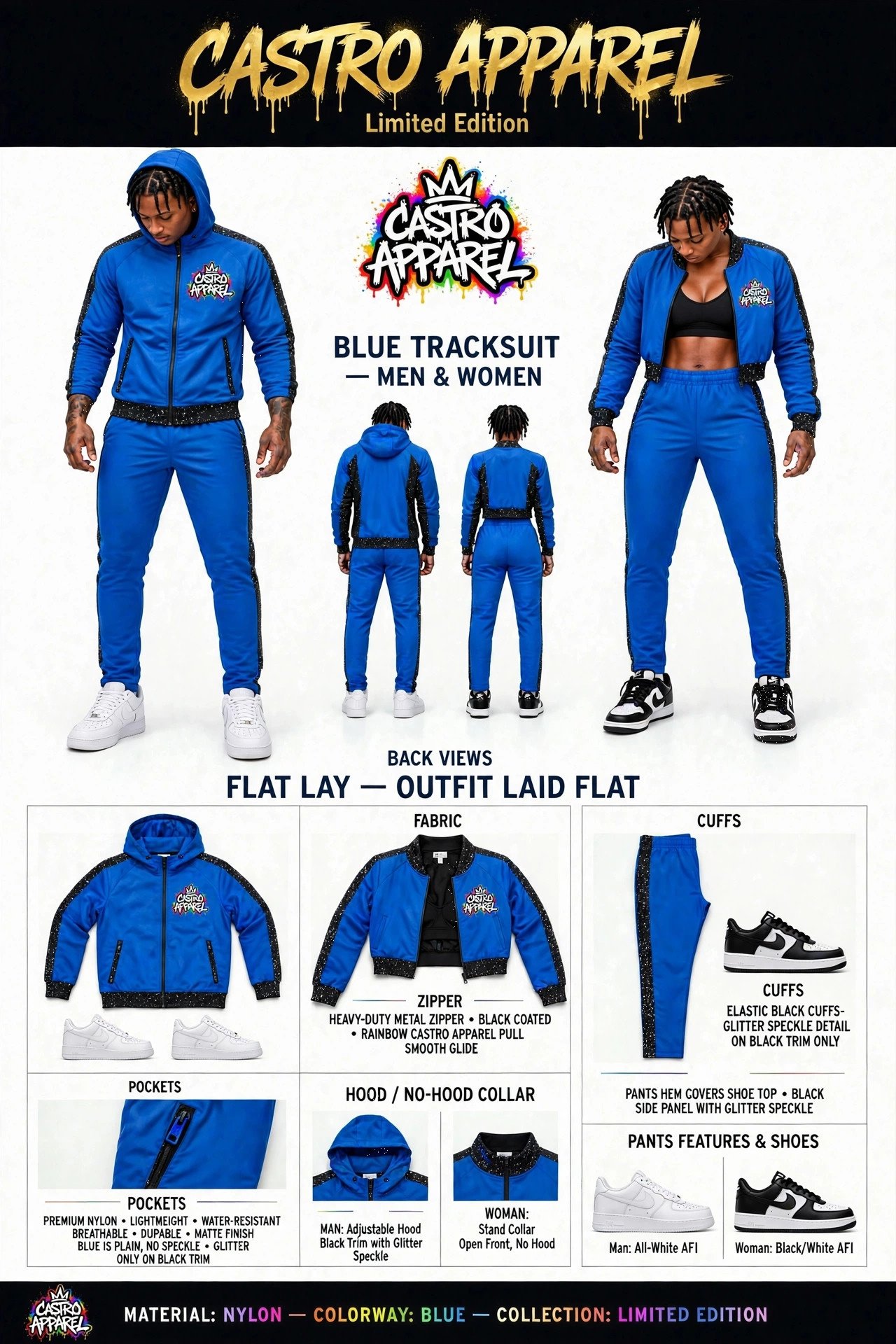 Blue Limited Edition tracksuit sheet: man and woman side by side in blue tracksuits, gold header, woman in a crop-top jacket open over a sports bra, outfit shown in flat panels beside them