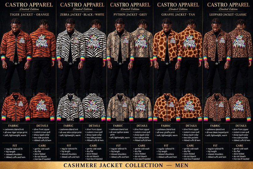 The Wild King Family combined sheet: five Cashmere Jacket Collection jackets side by side &mdash; Tiger in orange, Zebra in black and white, Python in grey, Giraffe in tan and Leopard in classic &mdash; front and back views with flat lays, silver front zippers and custom crown pulls