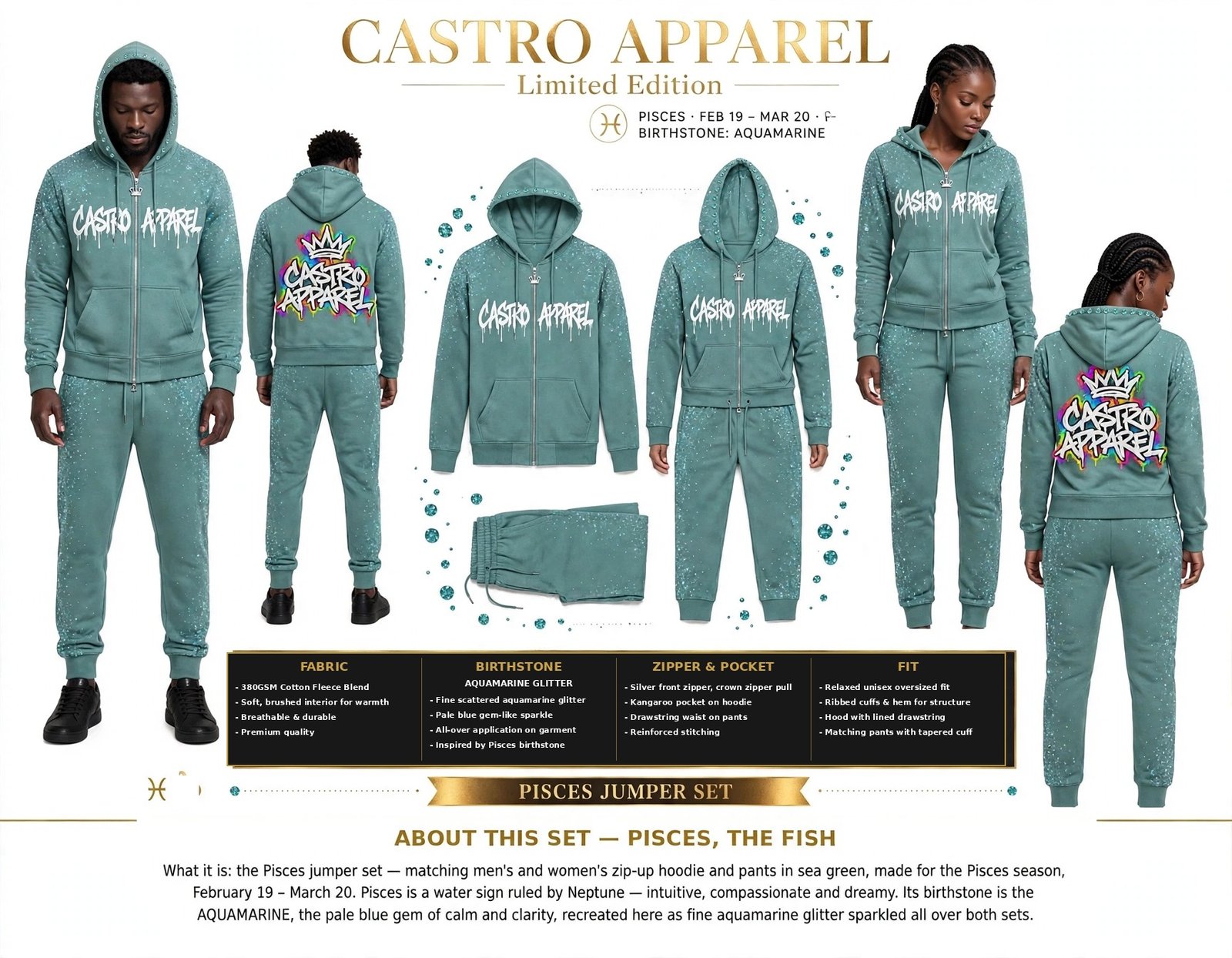 Pisces Julez Collection zodiac jumper set design sheet: man and woman in sea green zip-up hoodies and matching pants with aquamarine stones set along the edge of the hoods, front and back views, flat-lay, and panels for fabric, birthstone, zipper and pocket, and fit