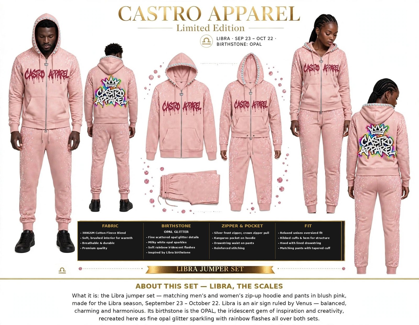 Libra Julez Collection zodiac jumper set design sheet: man and woman in blush pink zip-up hoodies and matching pants with opal stones set along the edge of the hoods, front and back views, flat-lay, and panels for fabric, birthstone, zipper and pocket, and fit