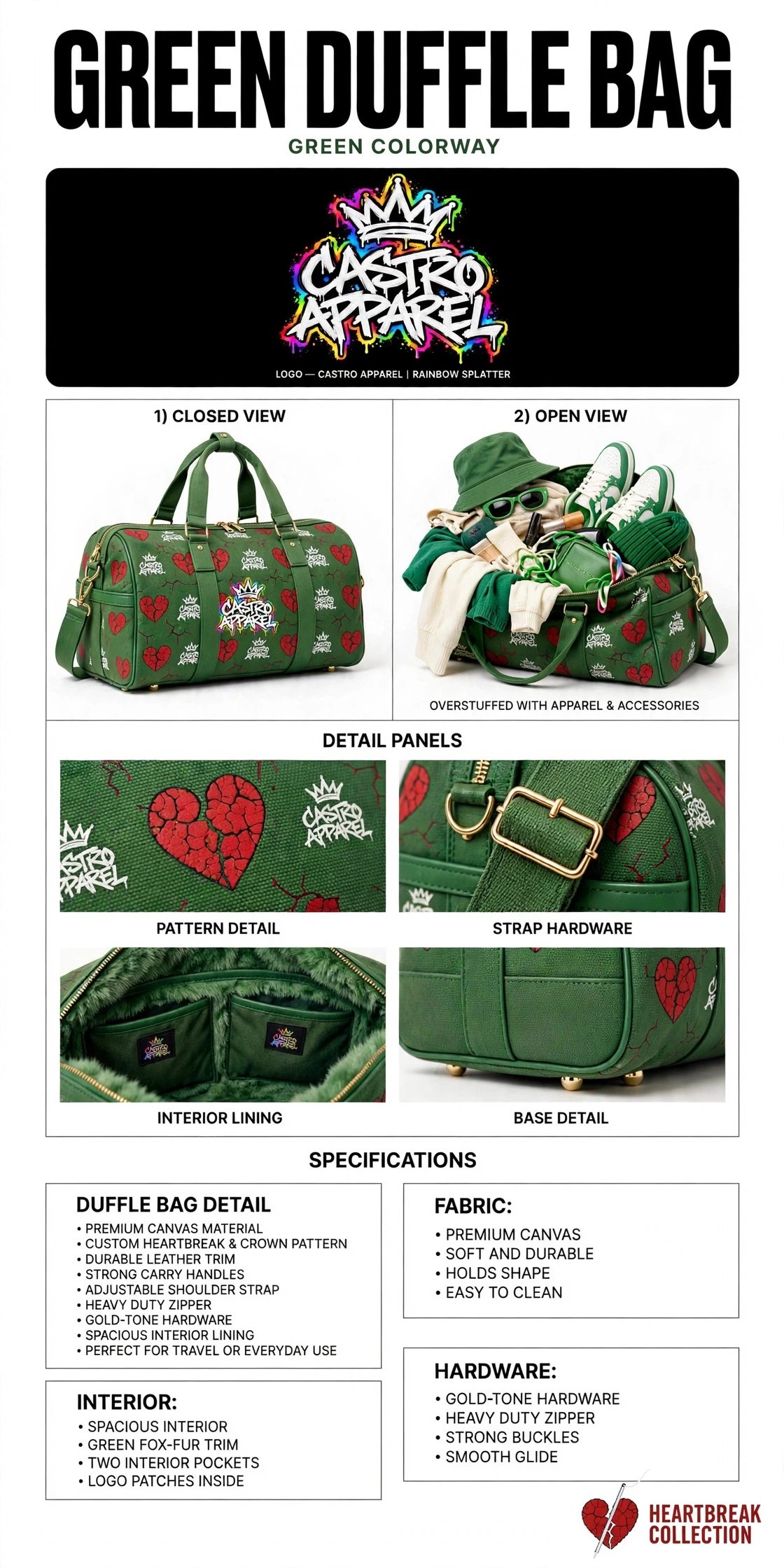 Green Hartbreak duffle bag sheet: green duffle closed and open views, straight rainbow Castro Apparel logo centered in the clean middle panel of the closed bag, with detail close-ups and spec panels for fabric, hardware, strap, interior and base