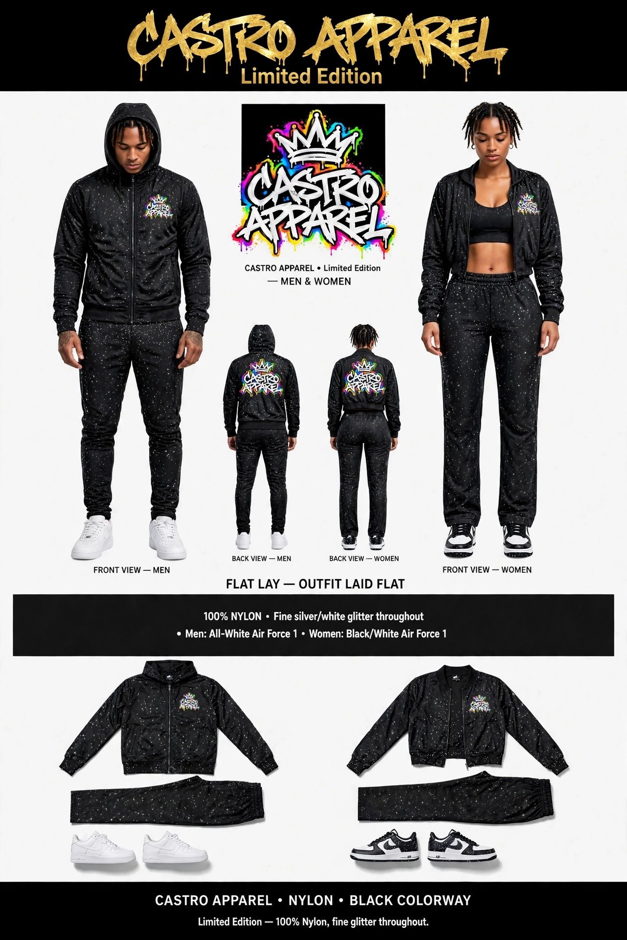 Black Limited Edition tracksuit sheet: man and woman side by side in black tracksuits, gold header, woman in a crop-top jacket open over a sports bra in front and closed in back, outfit laid flat beside them