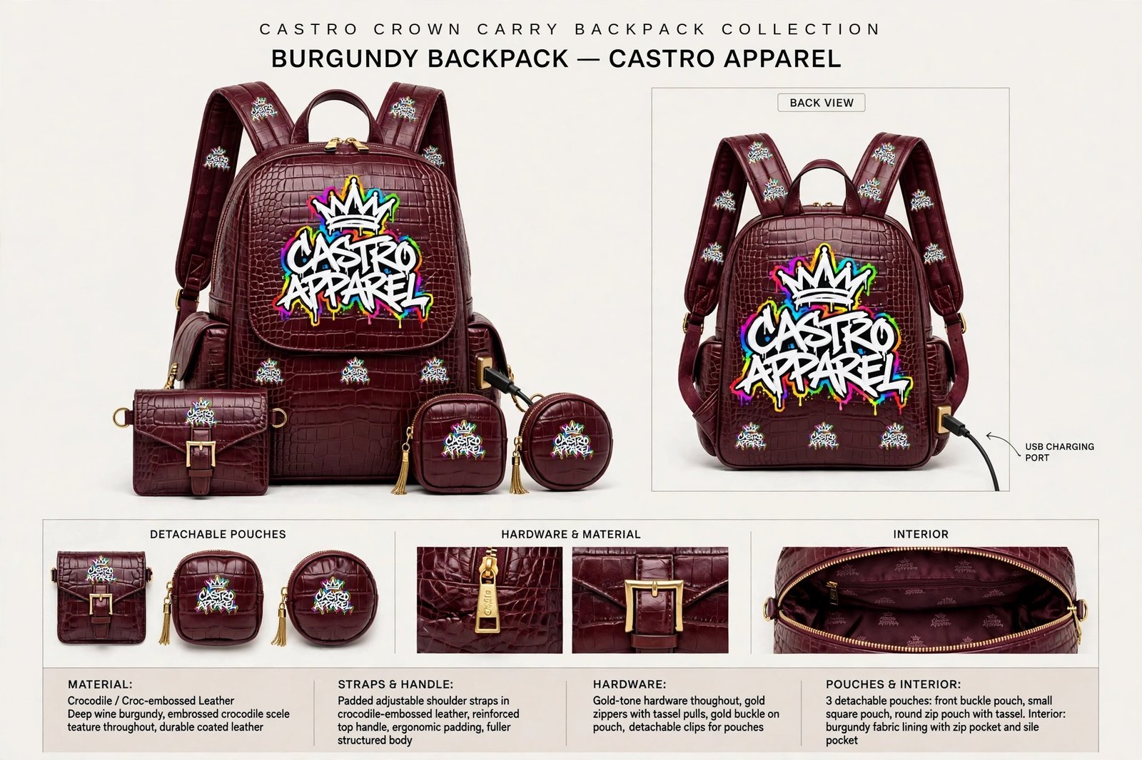 Burgundy crocodile-embossed Castro Crown Carry backpack design sheet: front view with the big Castro Apparel crown logo and small logos all over, back view, detachable pouches, open interior, and panels for materials, features and specifications including the side USB charging port