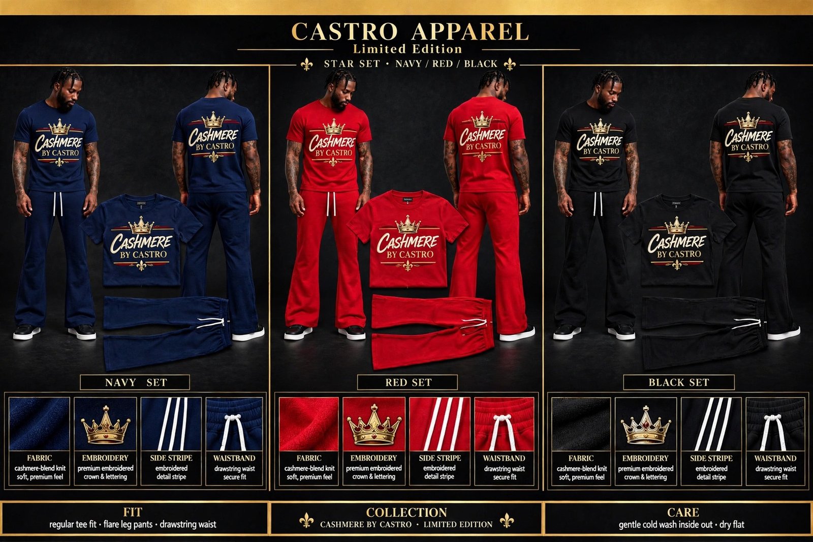 The Star Family combined sheet: Star Set tee and flare-leg pants in navy, red and black, front and back views with flat lays, embroidered gold crown and Cashmere by Castro lettering, embroidered side-stripe detail and white drawstrings