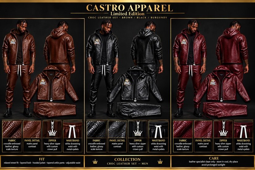 The Croc Family combined sheet: Croc Leather Set hooded jacket and tapered pants in brown, black and burgundy, front and back views with the jacket and pants laid out, crocodile-embossed glossy scale texture, heavy silver zipper with crown pull and white drawstrings