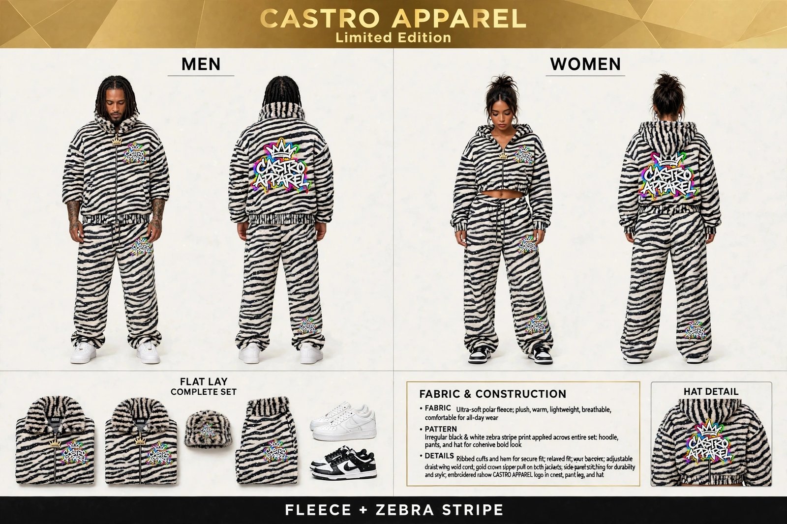 Zebra-stripe Soft Life fleece sheet: man and woman side by side in black-and-white zebra fleece sets with glitter-speckled pants and rainbow Castro Apparel logos, men and women front and back views, flat-lay complete set with the furry zebra hat, fabric and construction panel, and a hat detail panel