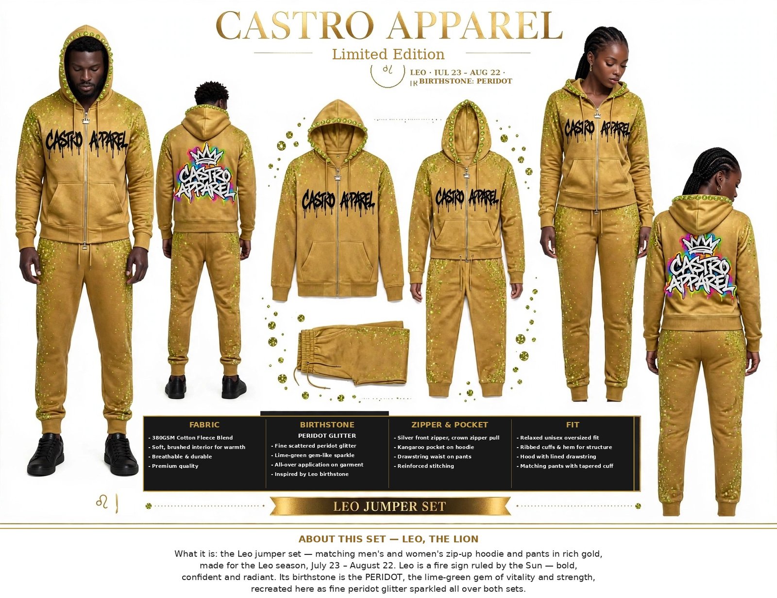 Leo Julez Collection zodiac jumper set design sheet: man and woman in gold zip-up hoodies and matching pants with peridot stones set along the edge of the hoods, front and back views, flat-lay, and panels for fabric, birthstone, zipper and pocket, and fit