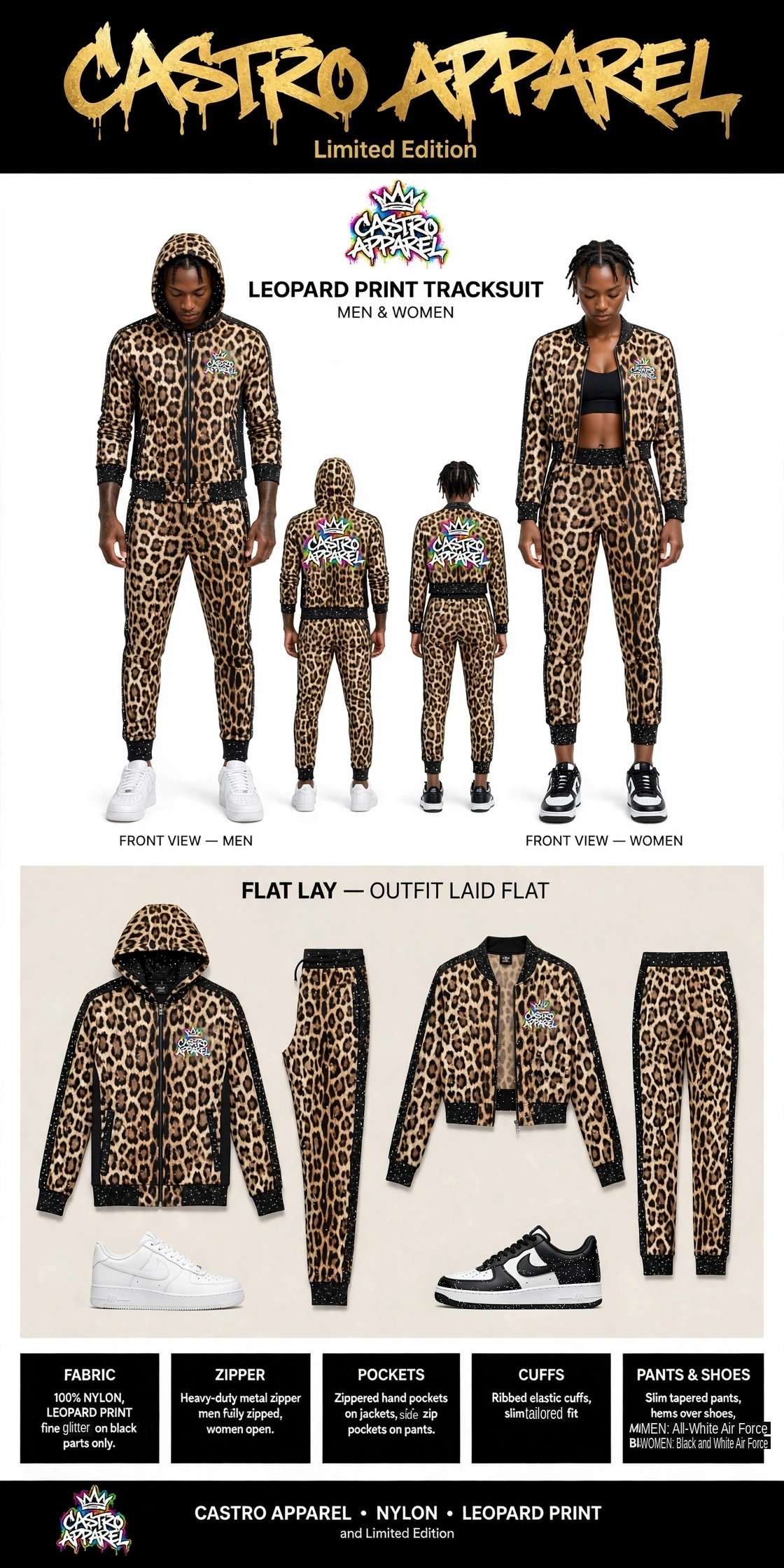 Leopard-print Limited Edition tracksuit sheet: man and woman side by side in leopard-print tracksuits with larger rosettes, gold header, woman in a crop-top jacket, outfit laid flat beside them
