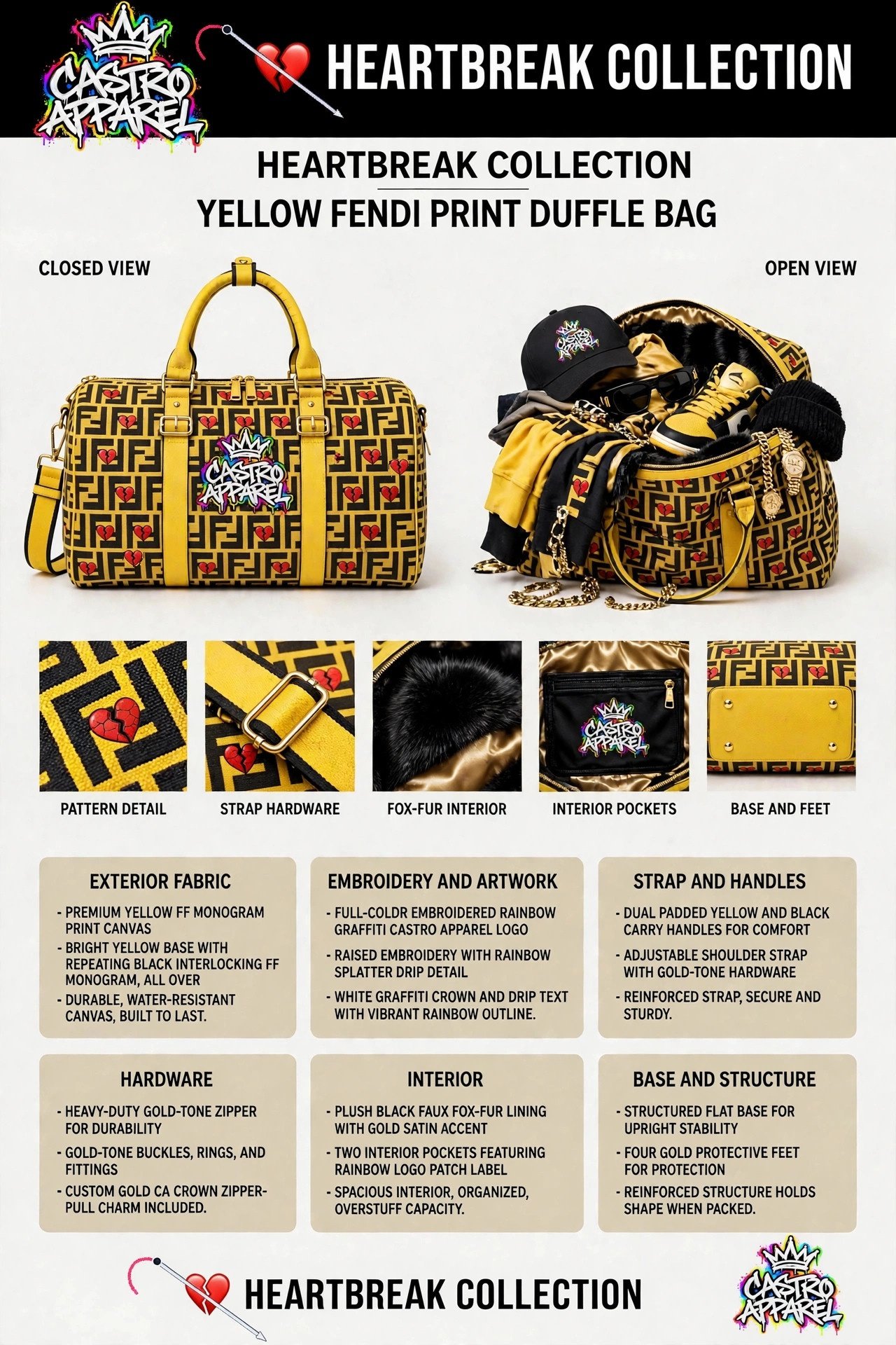 Yellow FF-print Hartbreak duffle bag sheet: yellow canvas duffle with black FF monogram print and small red cracked Hartbreak emblems scattered through the pattern, closed and open overstuffed with clothes, shoes and jewelry sticking out, straight rainbow Castro Apparel logo centered in the clean middle panel of the closed bag, gold-tone hardware