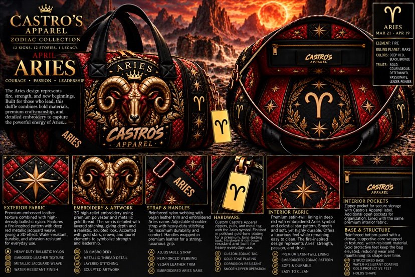 Aries zodiac duffle sheet: the ram embroidered in gold thread on deep red quilted embossed leather texture, gold Aries symbol tag, and detail panels for fabric, embroidery and artwork, strap, hardware, interior fabric and pockets