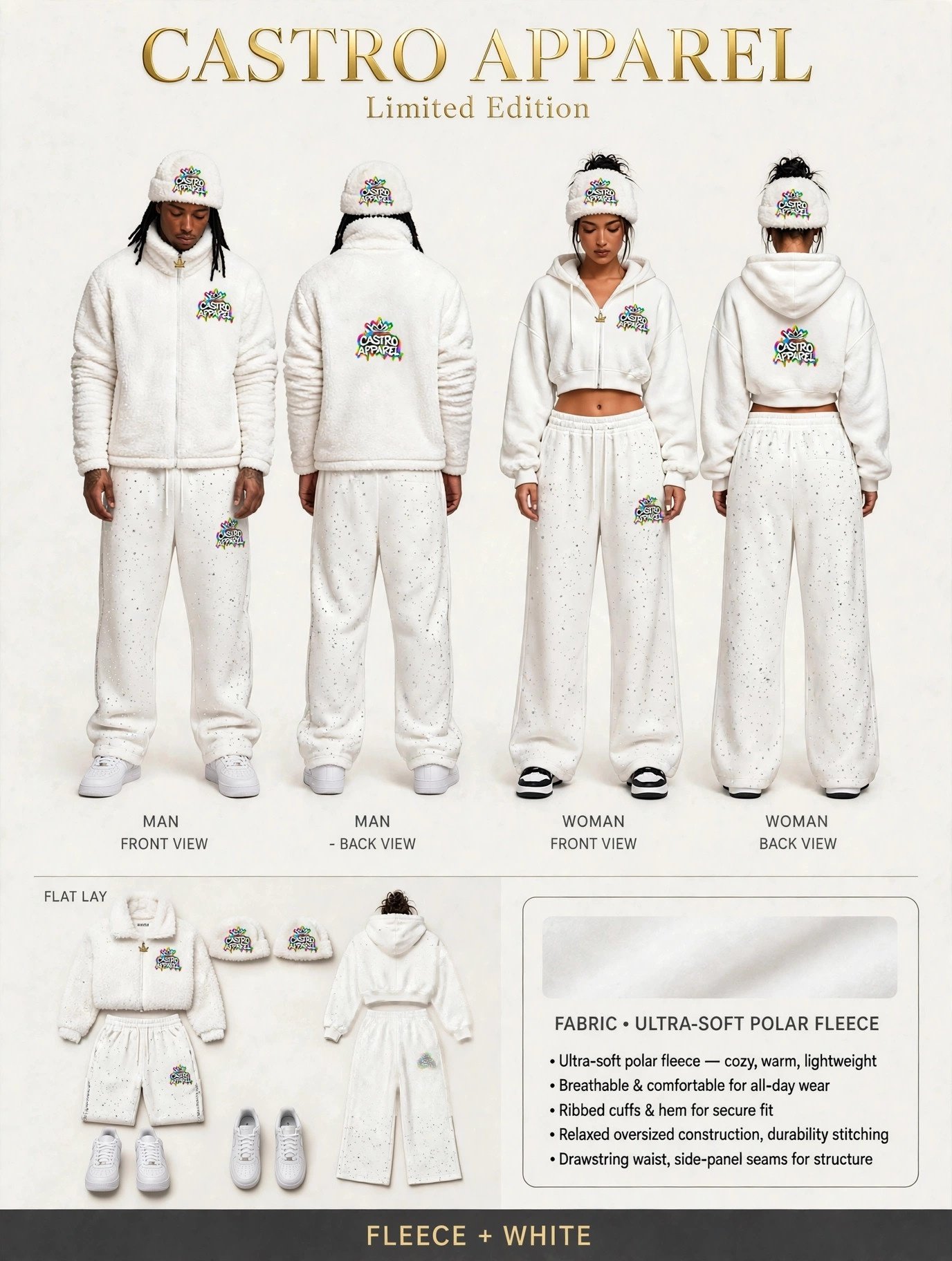 White Soft Life fleece sheet: man and woman side by side in white fleece sets with glitter-speckled pants, matching white furry hats and rainbow Castro Apparel logos, front and back views, flat-lay, and a fabric and features panel