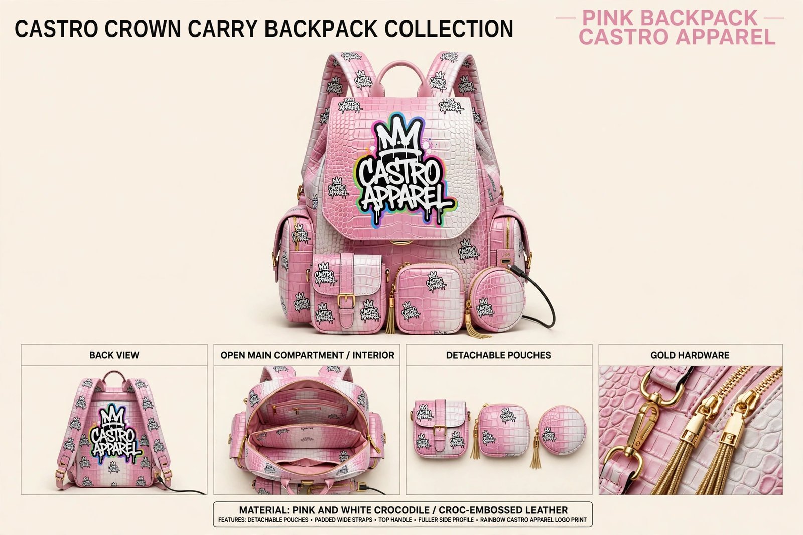 Pink crocodile-embossed Castro Crown Carry backpack design sheet: front view with the big Castro Apparel crown logo and small logos all over, back view, detachable pouches, open interior, and panels for materials, features and specifications including the side USB charging port