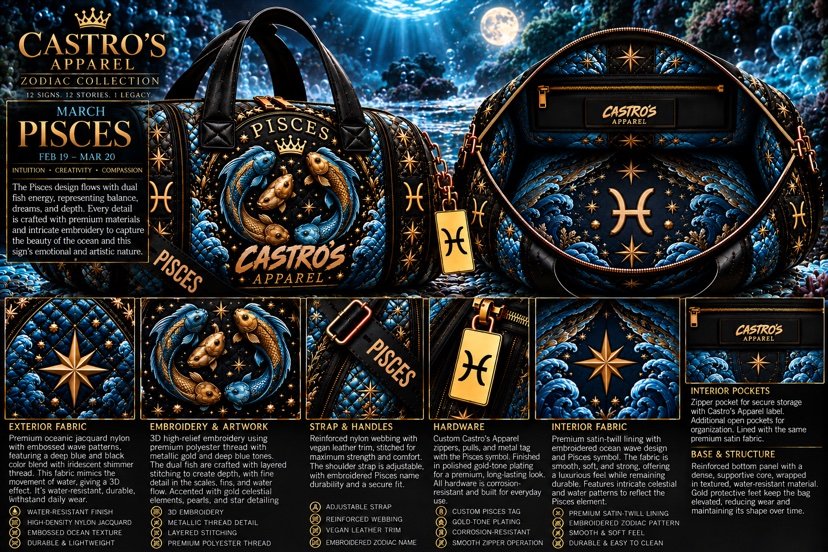 Pisces zodiac duffle sheet: two gold fish circling on deep blue ocean-wave jacquard nylon under a full moon, gold Pisces symbol tag, and detail panels for fabric, embroidery, strap, hardware, interior fabric and base