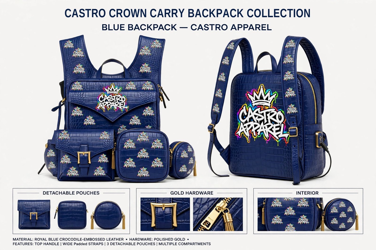 Blue crocodile-embossed Castro Crown Carry backpack design sheet: front view with the big Castro Apparel crown logo and small logos all over, back view, detachable pouches, open interior, and panels for materials, features and specifications including the side USB charging port