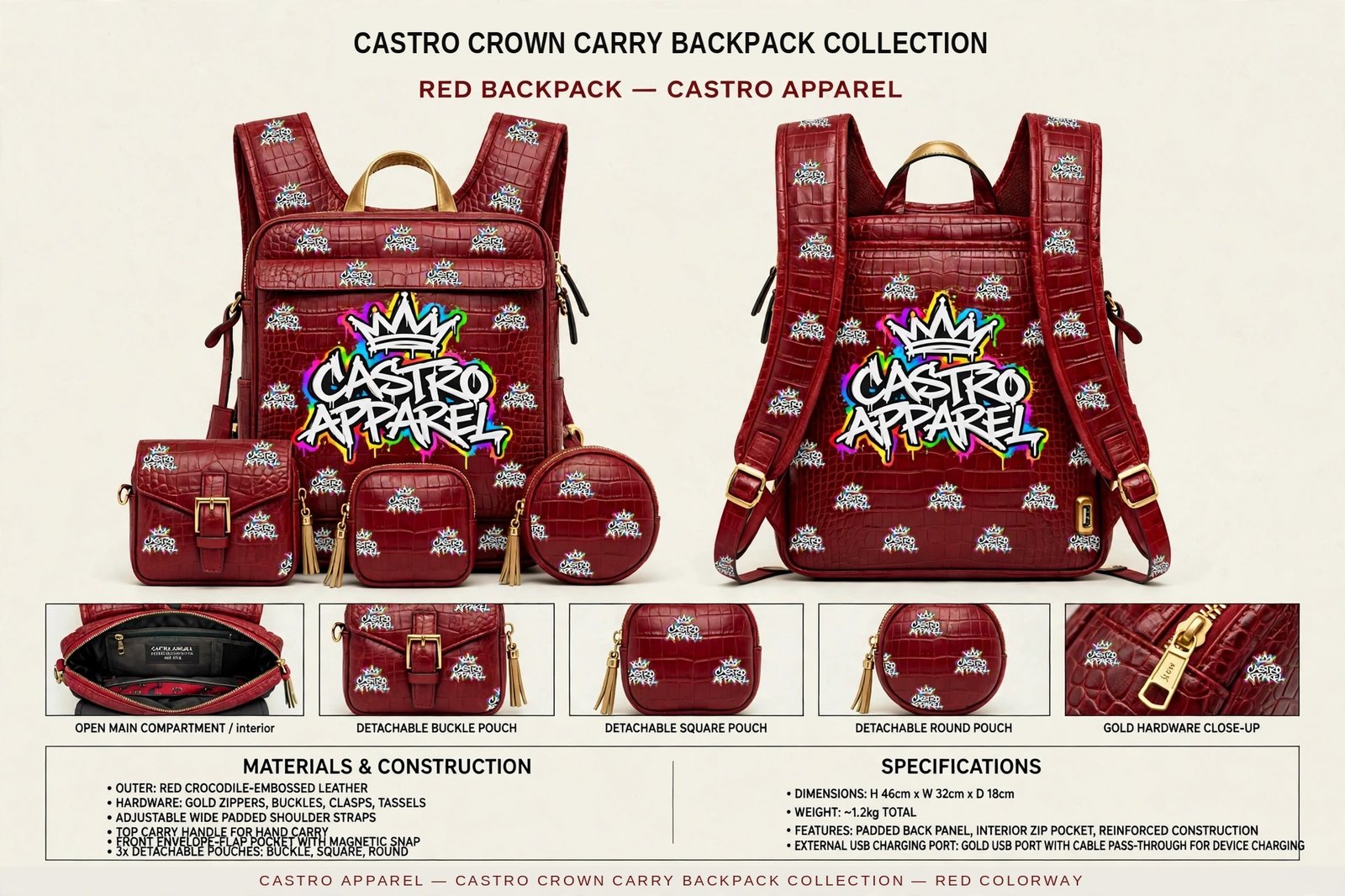 Red crocodile-embossed Castro Crown Carry backpack design sheet: front view with the big Castro Apparel crown logo and small logos all over, back view, detachable pouches, open interior, and panels for materials, features and specifications including the side USB charging port