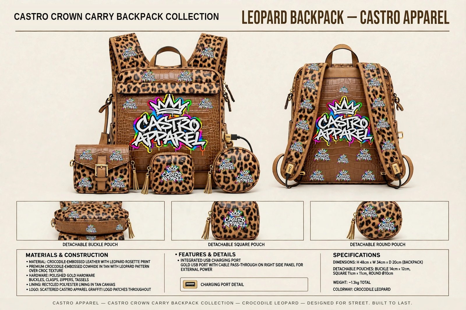 Leopard crocodile-embossed Castro Crown Carry backpack design sheet: front view with the big Castro Apparel crown logo and small logos all over, back view, detachable pouches, open interior, and panels for materials, features and specifications including the side USB charging port