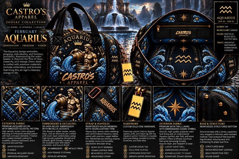 Aquarius zodiac duffle sheet: the water-bearer pouring over deep blue embossed waves with gold stars on premium jacquard nylon, gold Aquarius symbol tag, and detail panels for fabric, embroidery, strap, hardware and interior