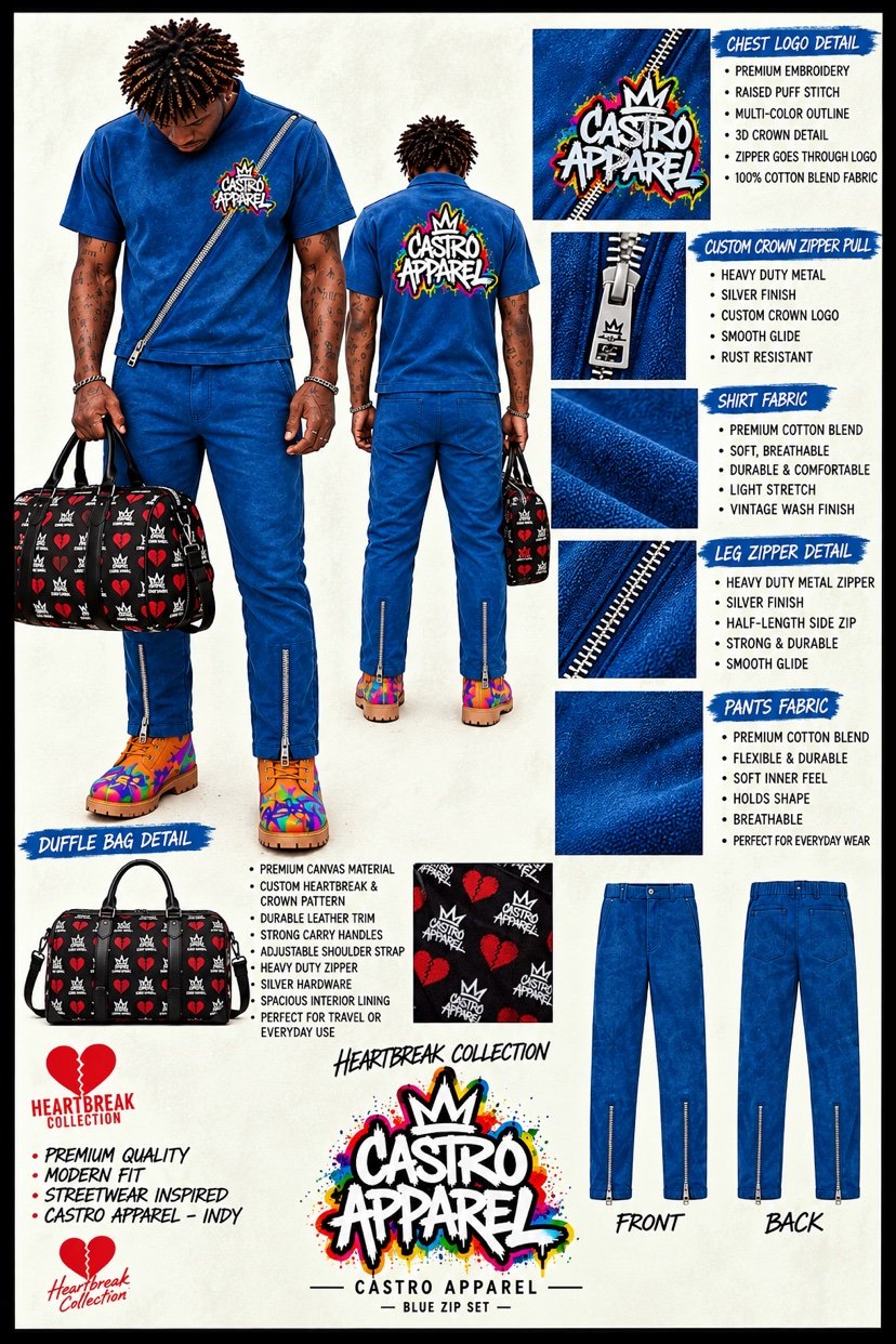 Blue Hartbreak Collection zip set design sheet: front and back views, chest logo and zipper close-ups, and black Hartbreak and crown duffle bag