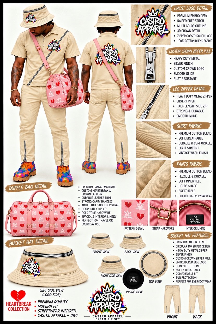 Cream Hartbreak Collection zip set design sheet: front and back views, chest logo and zipper close-ups, pink Hartbreak and crown duffle bag, and cream bucket hat detail
