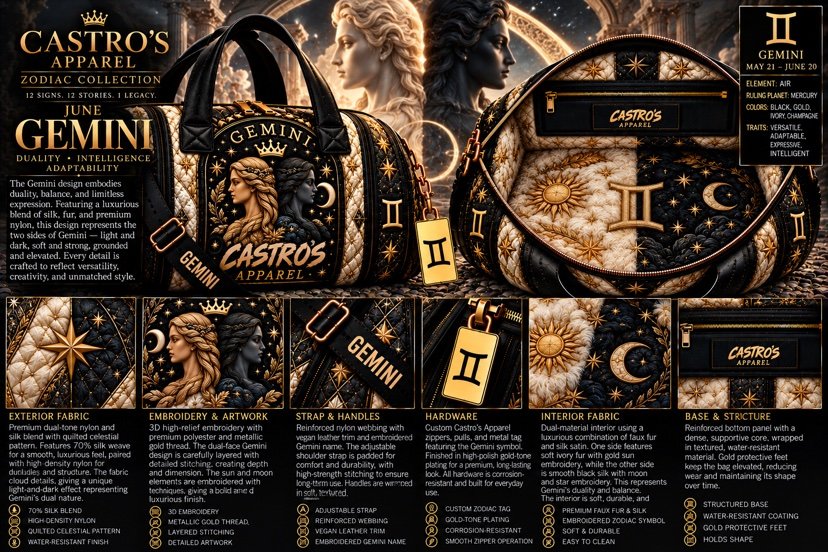 Gemini zodiac duffle sheet: the twins, one light and one dark, on a black, gold and ivory quilted celestial pattern, sun and moon end view, gold Gemini symbol tag, and detail panels for fabric, embroidery, strap, hardware and interior