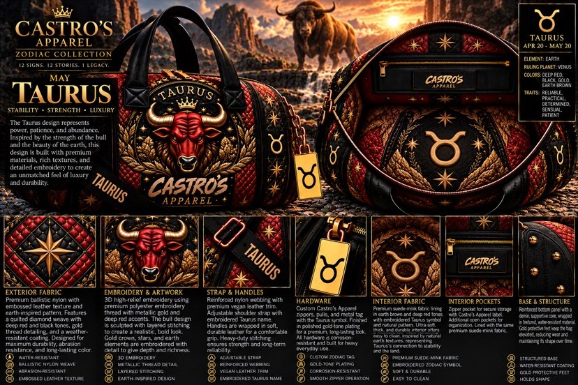 Taurus zodiac duffle sheet: the bull embroidered in gold thread on a deep red and black quilted diamond pattern, gold Taurus symbol tag, and detail panels for fabric, embroidery, strap, hardware, interior fabric and pockets