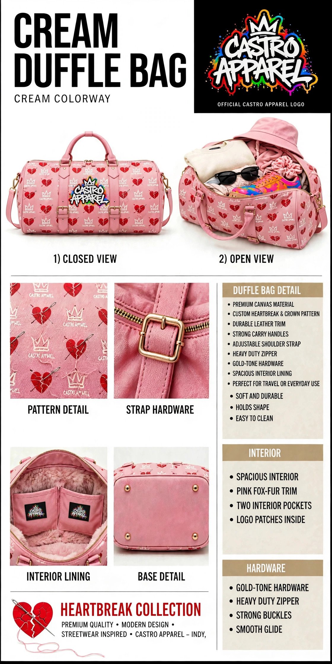 Cream Hartbreak duffle bag sheet: pink Hartbreak and crown duffle closed and open views, straight rainbow Castro Apparel logo centered in the clean middle panel of the closed bag, with detail close-ups and spec panels for fabric, hardware, strap, interior and base