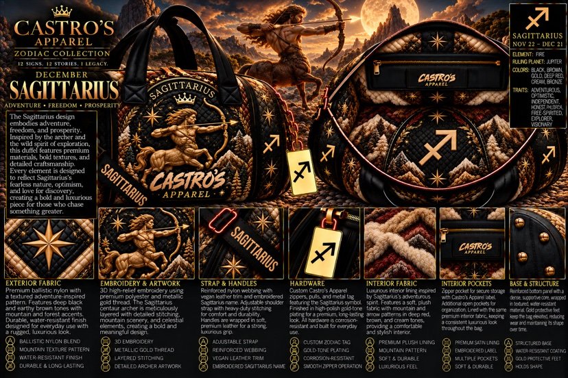 Sagittarius zodiac duffle sheet: the centaur archer in gold thread on a black and brown mountain-texture pattern at sunset, gold Sagittarius arrow symbol tag, and detail panels for fabric, embroidery, strap, hardware, interior fabric and pockets