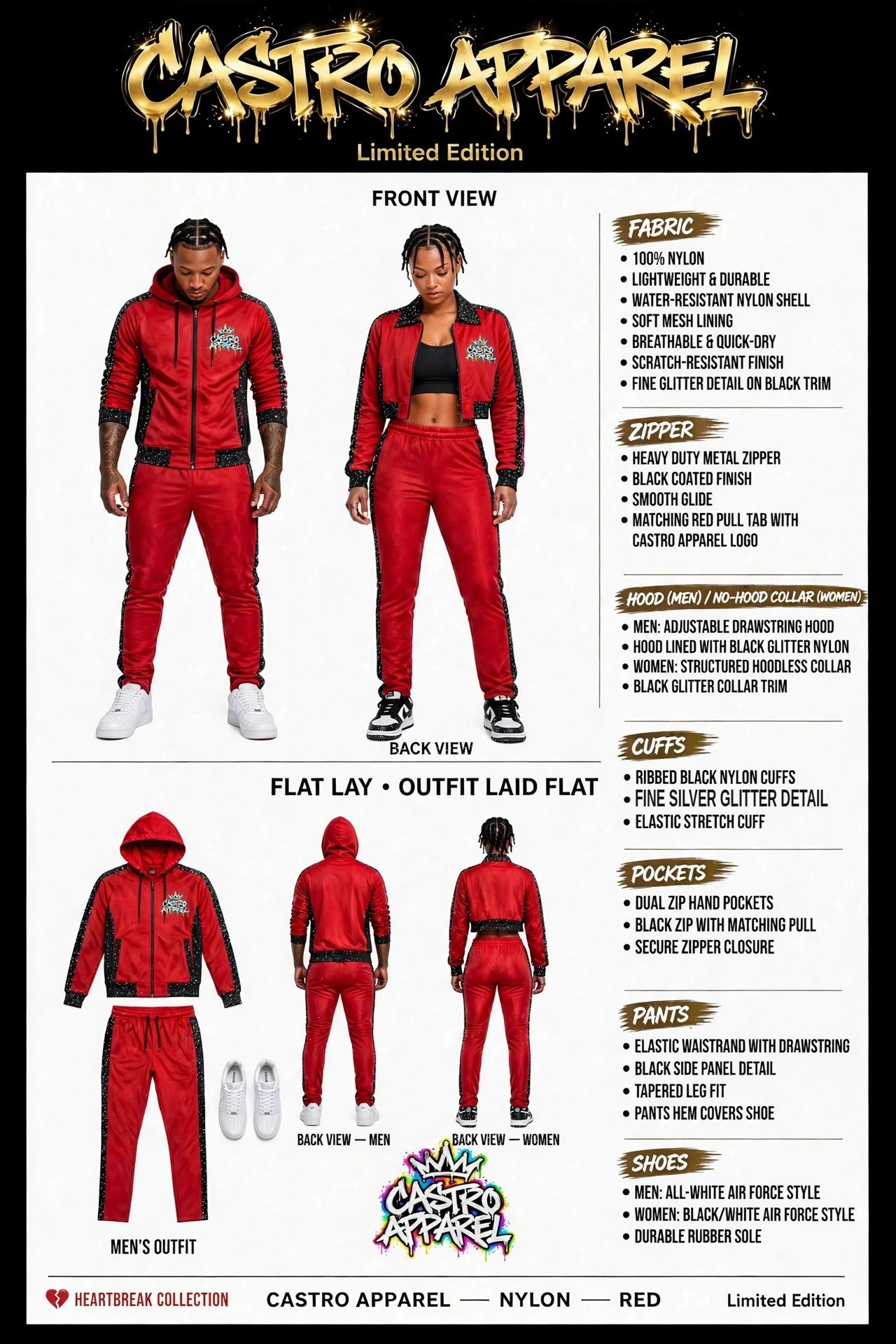 Red Limited Edition tracksuit sheet: man in a red hooded tracksuit and woman in a red crop-top jacket open over a black sports bra, 100 percent nylon with black glitter trim, men's outfit laid flat, back views below