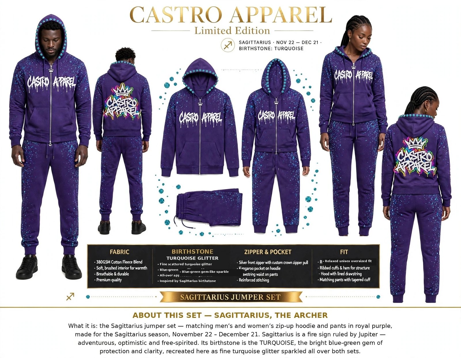 Sagittarius Julez Collection zodiac jumper set design sheet: man and woman in royal purple zip-up hoodies and matching pants with turquoise stones set along the edge of the hoods, front and back views, flat-lay, and panels for fabric, birthstone, zipper and pocket, and fit