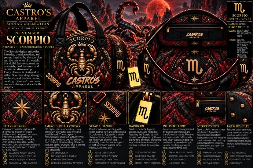 Scorpio zodiac duffle sheet: the scorpion in red and gold thread on a black and deep red scaled texture under a red moon, gold Scorpio symbol tag, and detail panels for fabric, embroidery, strap, hardware, interior fabric and pockets