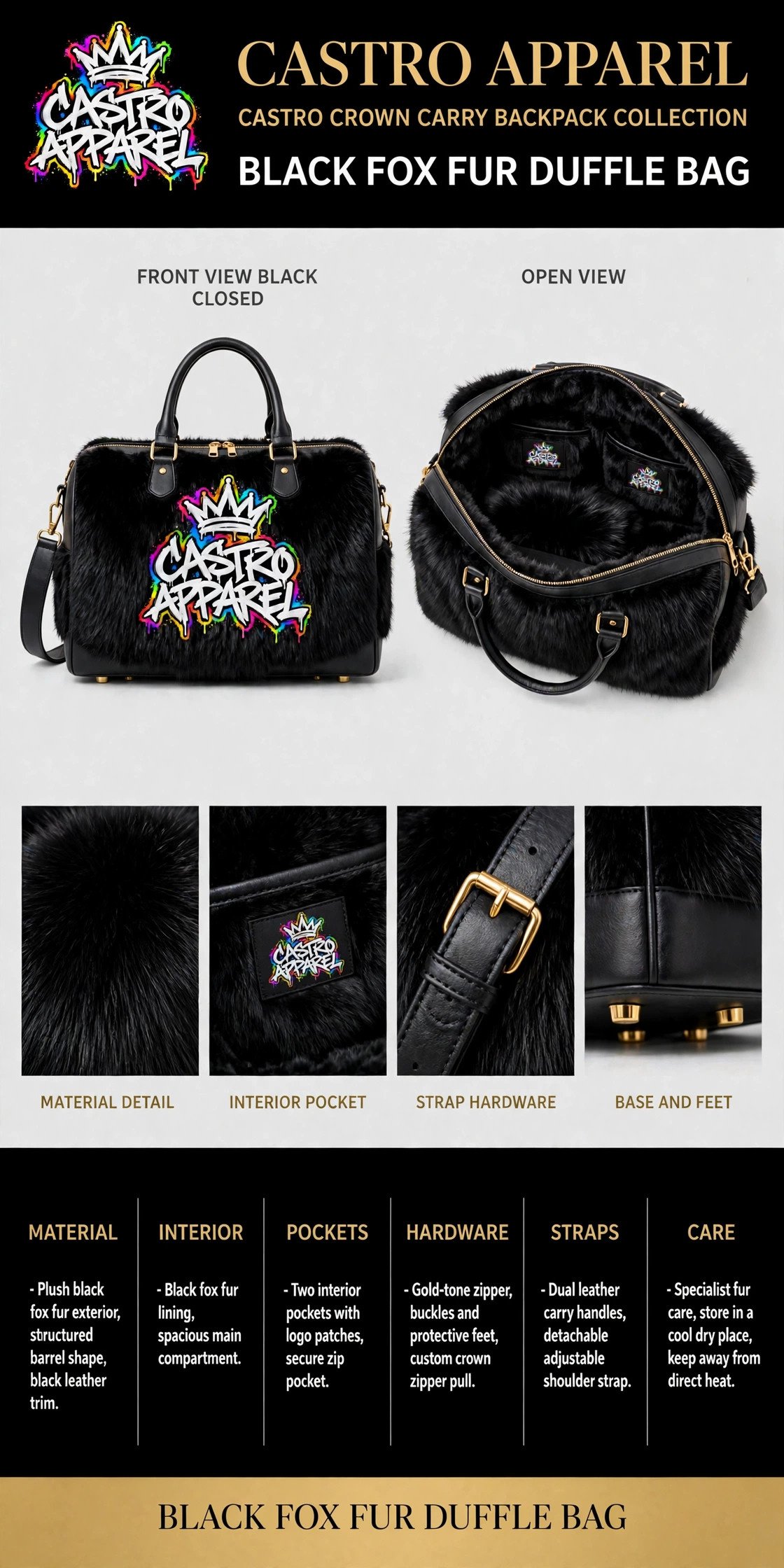 Black fox fur Castro Crown Carry duffle bag design sheet: closed front view with the rainbow Castro Apparel logo and black leather trim, open view showing the fox fur inside with two logo-patch interior pockets, plus material, interior pocket, strap hardware and base detail panels and the full spec columns