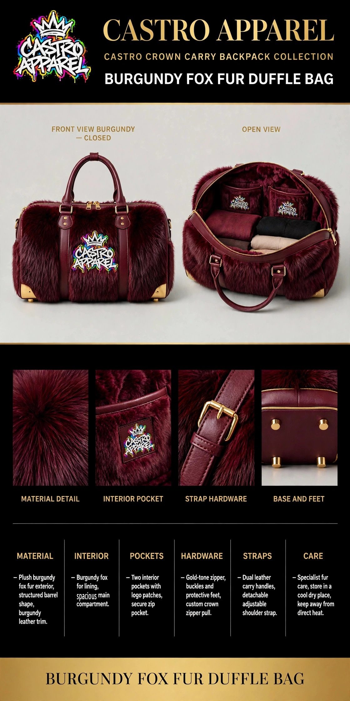 Burgundy fox fur Castro Crown Carry duffle bag design sheet: closed front view with the rainbow Castro Apparel logo and burgundy leather trim, open view packed with folded clothes showing the burgundy fox fur lining and two logo-patch interior pockets, plus material, interior pocket, strap hardware and base detail panels and the full spec columns