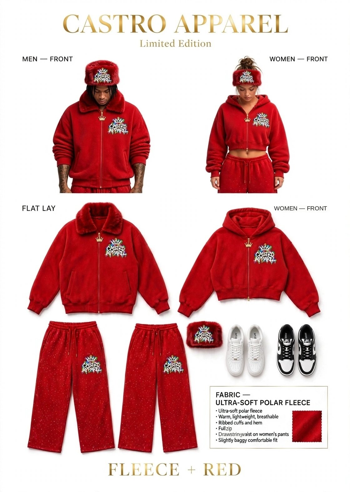 Red Soft Life fleece sheet: man and woman side by side in red fleece sets with glitter-speckled pants, matching red furry hats and rainbow Castro Apparel logos, front views, flat-lay, and a fabric and features panel