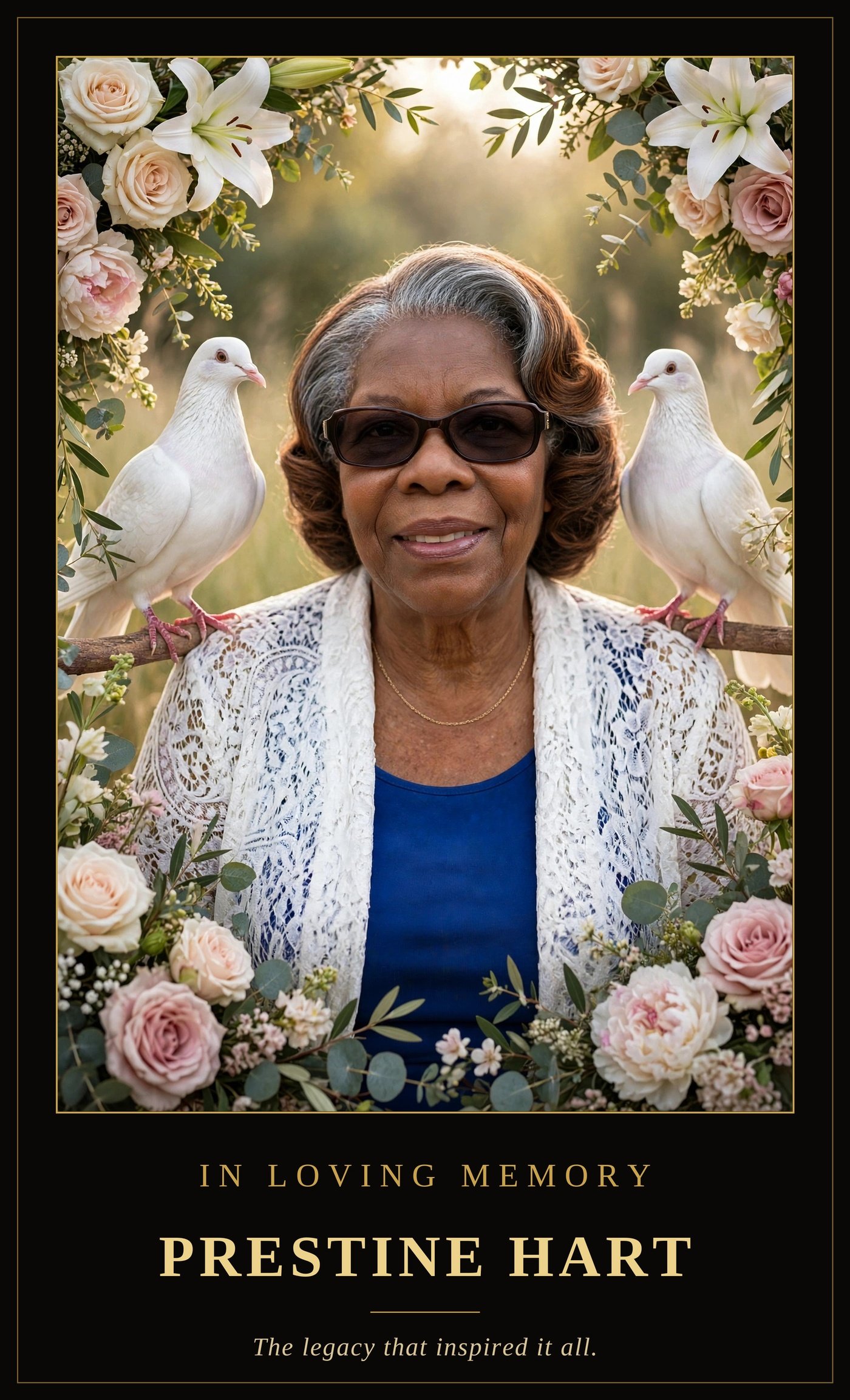 Framed memorial portrait of Prestine Hart: her portrait surrounded by cream roses, white lilies and pink peonies with two white doves beside her, set in a gold frame on black, with gold lettering below reading In Loving Memory and Prestine Hart, and the line The legacy that inspired it all