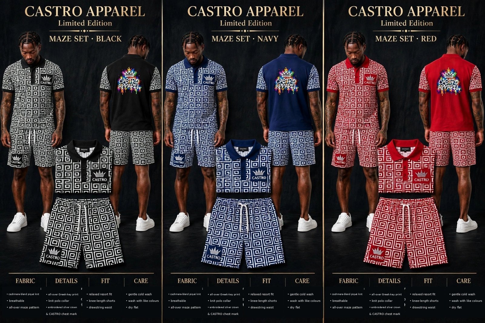 The Maze Family combined sheet: Maze Set polo shirt and knee-length shorts in black, navy and red with an all-over Greek-key maze print, front and back views with flat lays, knit polo collar, embroidered silver crown and white drawstrings