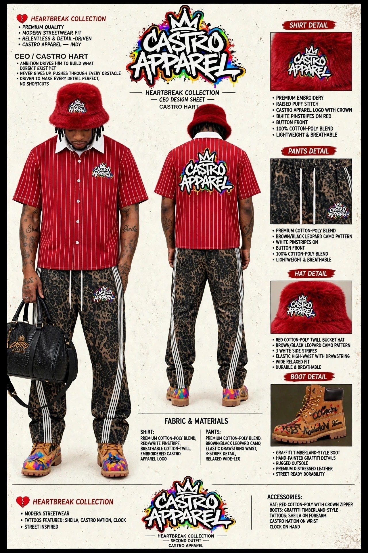 CEO design sheet for Castro Hart: front and back views in a red pinstripe Castro Apparel shirt, leopard-print pants and a furry red bucket hat, holding the black crocodile Hartbreak duffle bag, with shirt, pants, hat and boot detail panels