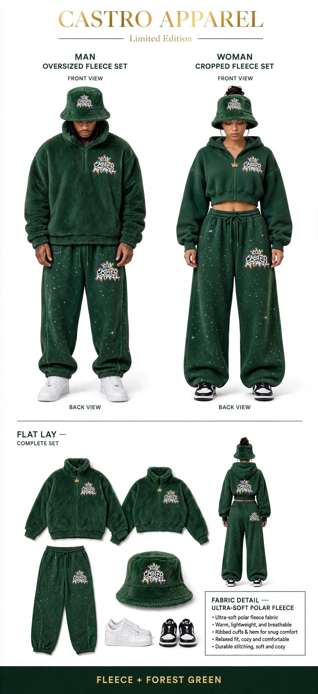 Green Soft Life fleece sheet: man and woman side by side in green fleece sets with glitter-speckled pants, matching green furry hats and rainbow Castro Apparel logos, flat-lay, and a fabric and features panel