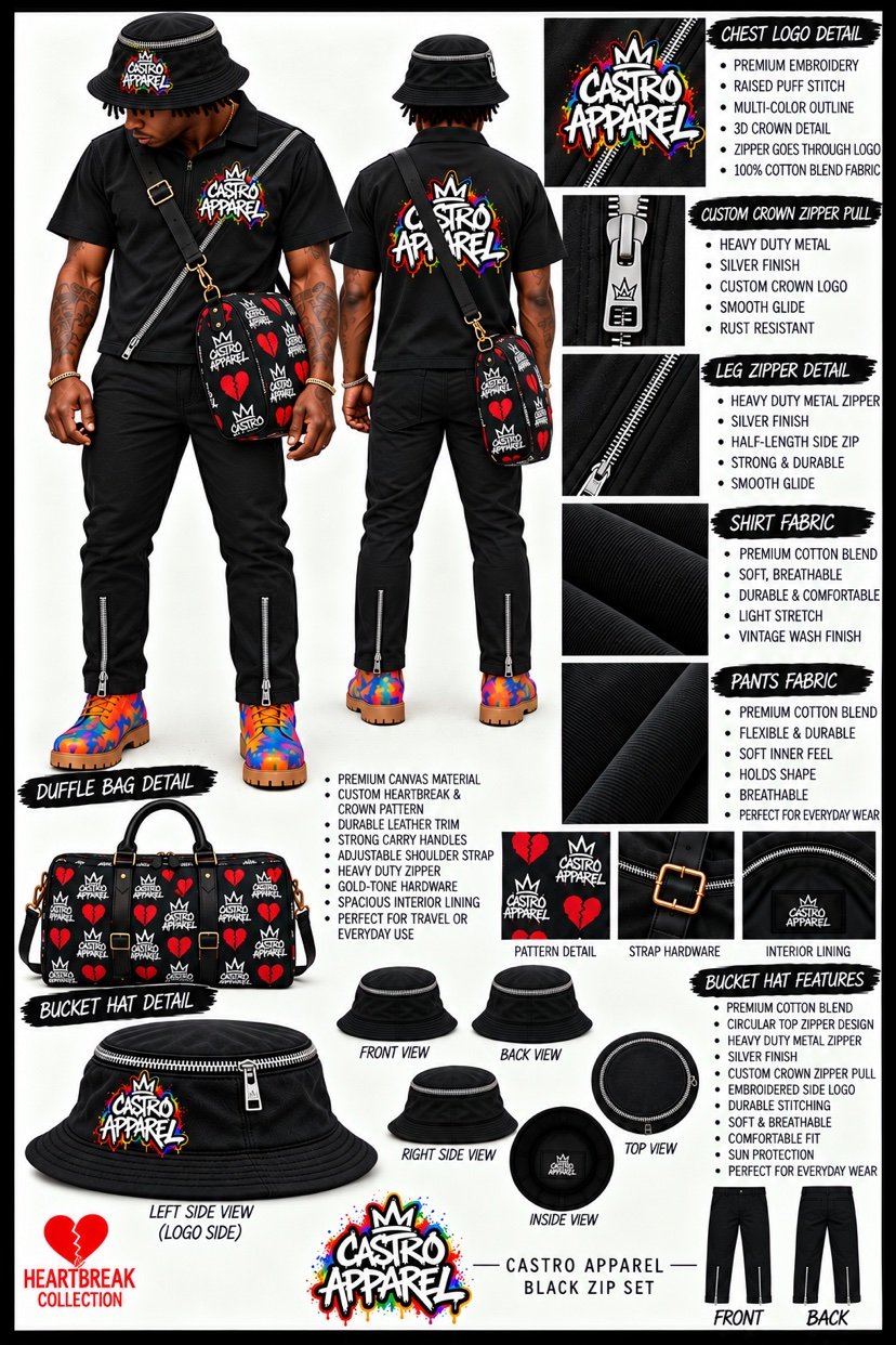 Black Hartbreak Collection zip set design sheet: front and back views, chest logo and zipper close-ups, black Hartbreak and crown duffle bag, and black bucket hat detail