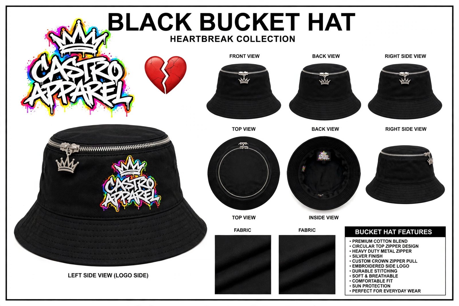 Black bucket hat shown alone: large logo-side view with rainbow Castro Apparel logo and silver crown zipper pull, front, back, side, top and inside views, black fabric swatches and a bucket hat features panel